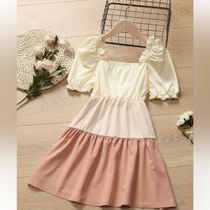 Girls puff sleeve frill trim colorblock dress